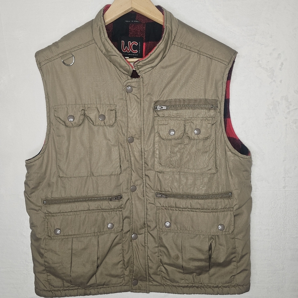 Men's Rare Vintage Fishing Vest with Buffalo Plaid Lining sz L